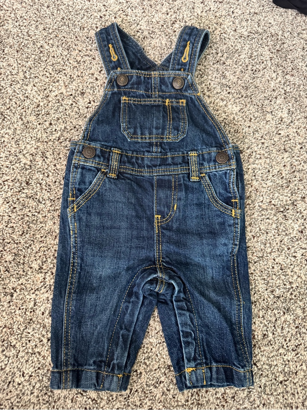 Old Navy Dark Blue Denim Overalls with Yellow Stitching